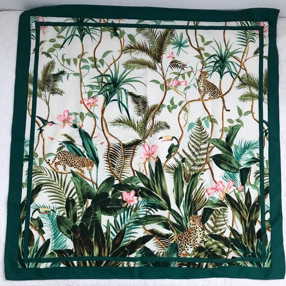 H&M Super Bloom Tiger Green White Square Satin Scarf - Picture 1 of 5